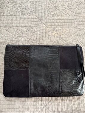 Cosmopolitan Black Patchwork Leather & Suede Toiletry Pouch with Wrist Strap